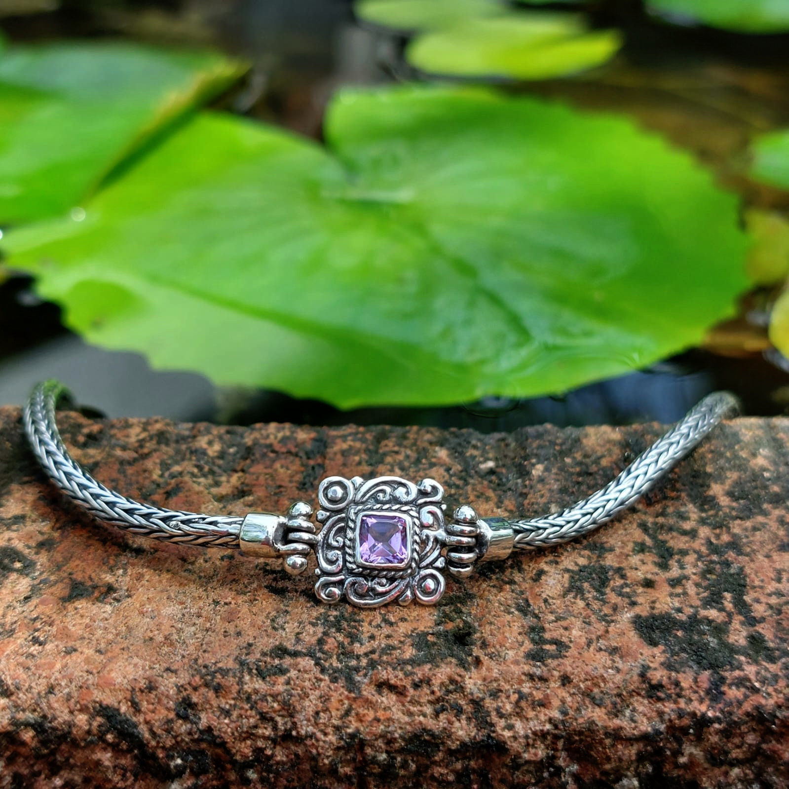 Gelang Perak Ukiran Kotak Amethyst B705 - Gambar 5
